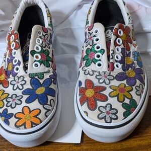 Vans Women's White Slip-On Sneakers with Multicolor Glitter Flower Design